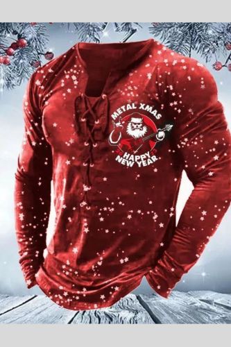 Mens Irregular Neck Christmas Santa Print Lace Up Long Sleeve T-Shirt