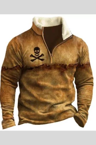 Men's Retro Shirt Skull Print Zipper Stand Collar Long Sleeve Vintage Sweatshirt
