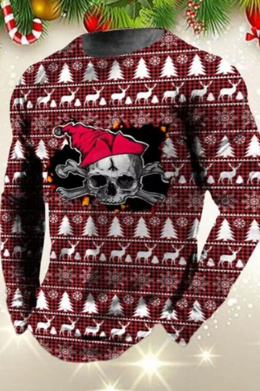 Men's Ugly Christmas Pattern Skull Printed Pullover Knitted Sweatshirts