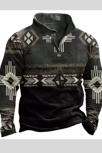 Mens Aztec Zipper Fall And Winter Lapel Sweatshirt