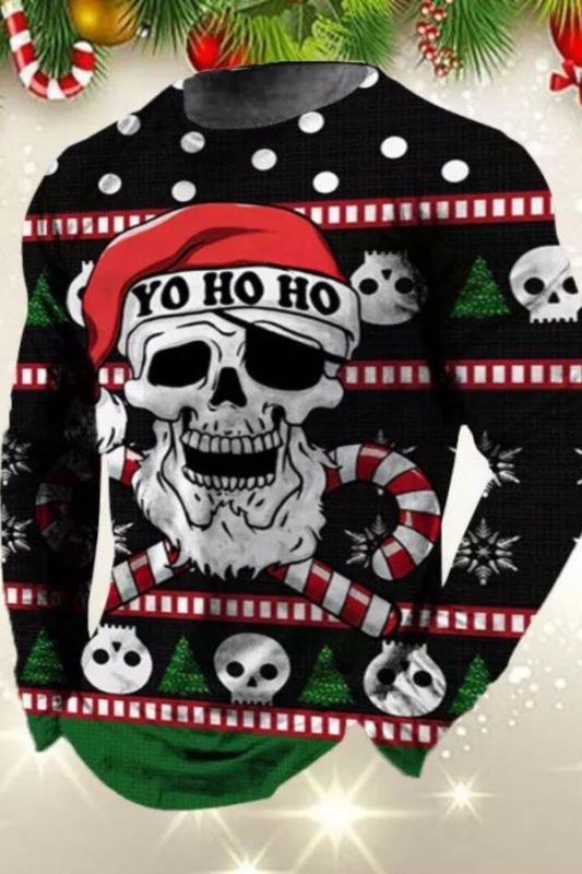 Men's Ugly Christmas Santa Skulls Pirate Printed Crew Neck Long Sleeve T-Shirt