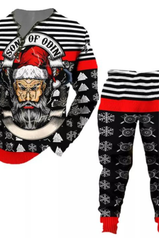 Men's Pullover Top Santa Claus Odin Ethnic Pattern Printed Long Sleeve Round Neck Shirt Two Piece Pants Set