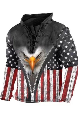 Men Lace Up American Flag Eagle Print Casual Sweatshirt