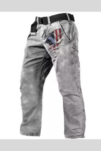 Men Vintage American Flag Print Folds Pocket Casual Trousers