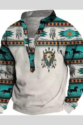 Mens Outdoor Casual Ethnic Printed Henley Collar Sweatshirt