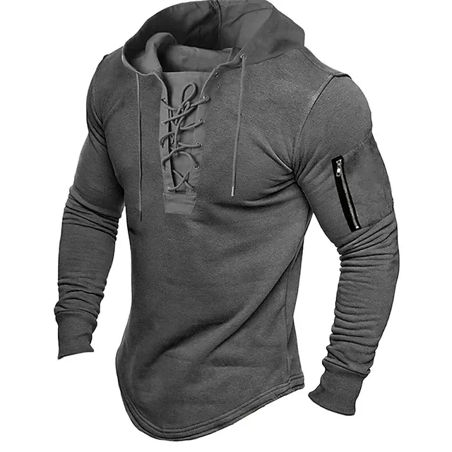 Men Hoodie Lace Up Zipper Drawstring Long Sleeve Fit Vintage Henley Shirt