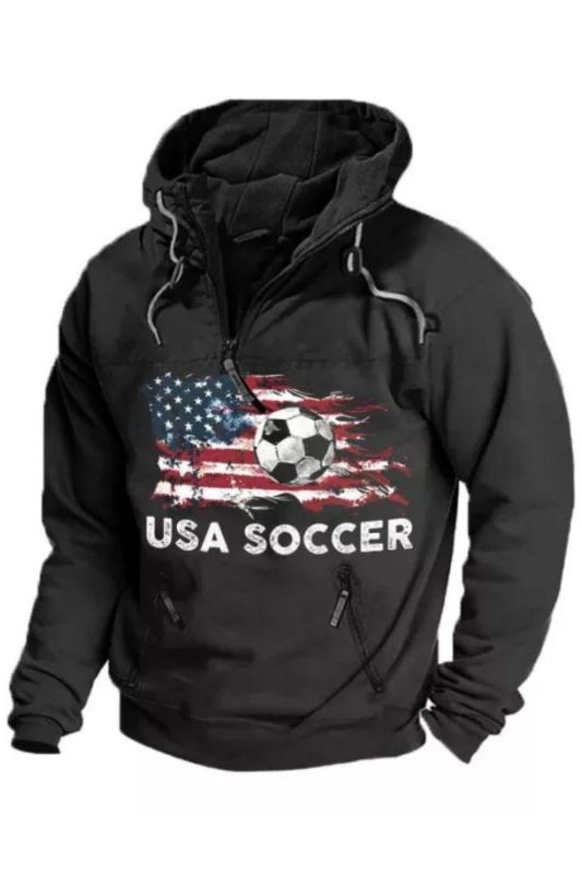 Men's Casual American Flag Soccer Print Zipper Pockets Hoodie