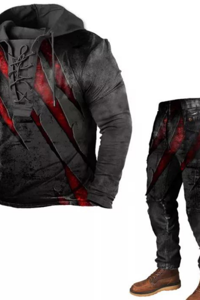 Mens Hooded Lace Up Sweatshirt Jeans Red Crack Print Two Piece Set