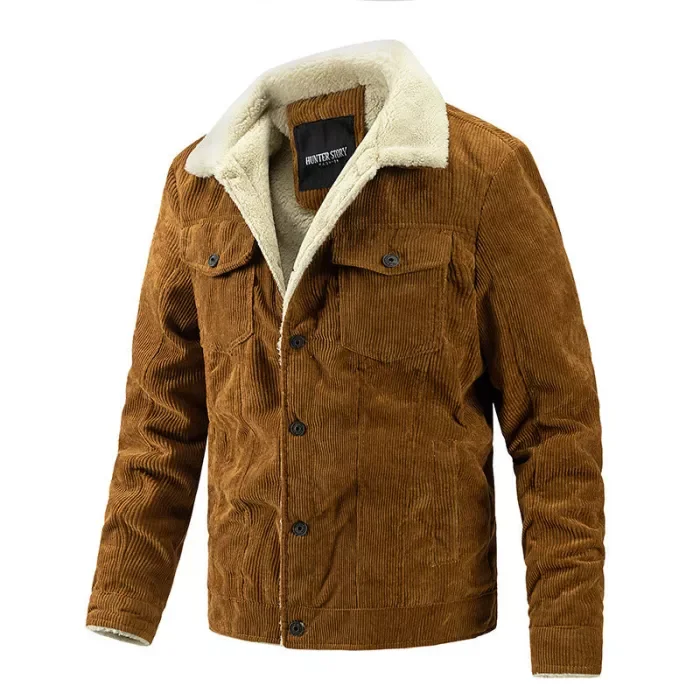 Mens Corduroy Plus Fleece Jacket Fashion Casual Outerwear