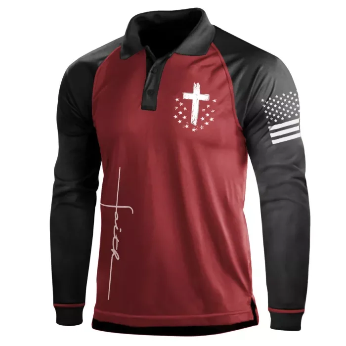 Mens Golf Shirt 3D Cross Graphic 1 4 Button Raglan Print National Flag Tactical Classic Button-Down Long Sleeve Henry Tops