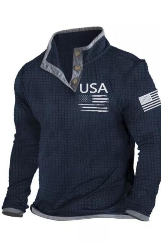 Men Stand Collar Button American Flag Print Long Sleeve Sweatshirts