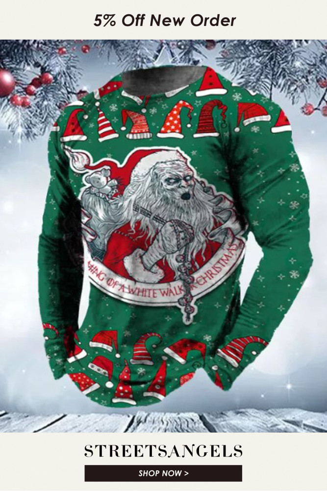 Men's Ugly Christmas Devil Santa Printed Funny Long Sleeve T-Shirt