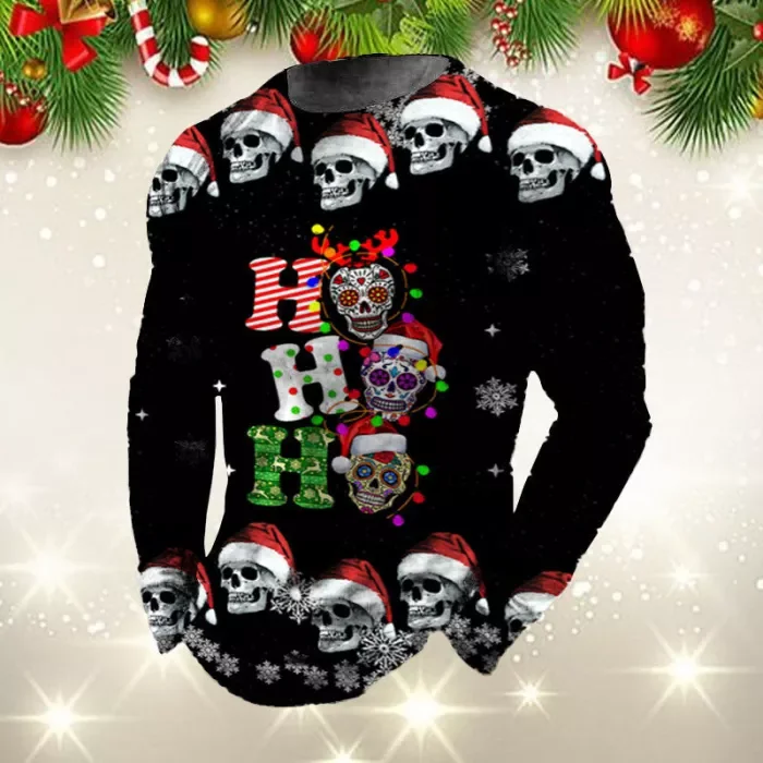 Men's Ugly Christmas Tees Skull Printed Crew Neck Long Sleeve T-Shirt