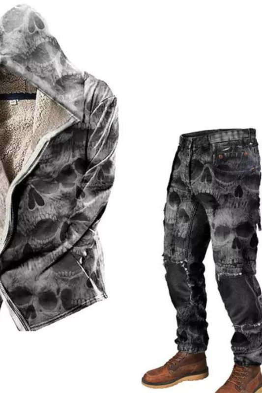 Mens Vintage Hoodie Fleece Coat Zipper Jacket Jeans Skulls Print Matching Set
