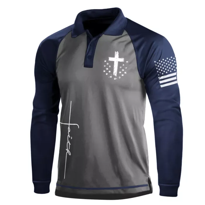 Mens Golf Shirt 3D Cross Graphic 1 4 Button Raglan Print National Flag Tactical Classic Button-Down Long Sleeve Henry Tops