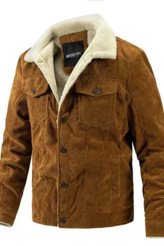 Mens Corduroy Plus Fleece Jacket Fashion Casual Outerwear