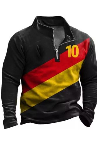 Mens German Flag Print Soccer Zipper  Long Sleeve T-Shirt
