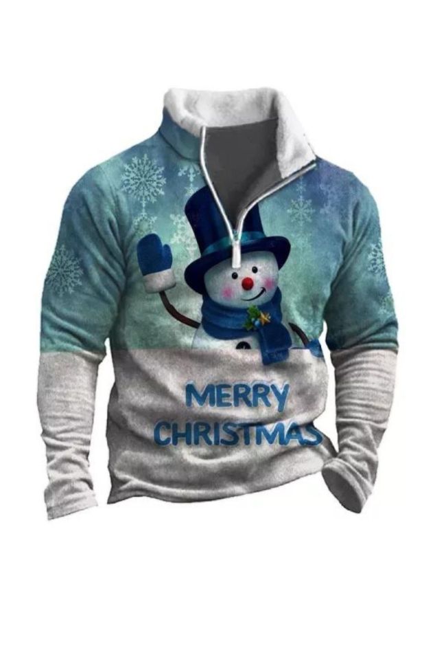 Men's Outdoor Snowman Printed Plush Zipper Sweatshirt