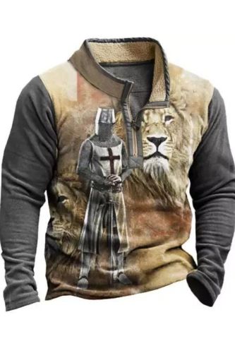 Men's Retro Templar Print Zipper Half Collar Long Sleeve Sweatshirt