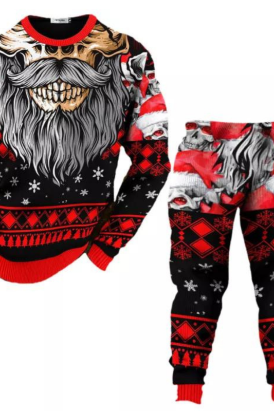 Men's Pullover Top Ethnic Pattern Beard Printed Round Neck Long Sleeve Shirt Pants Two Piece Set