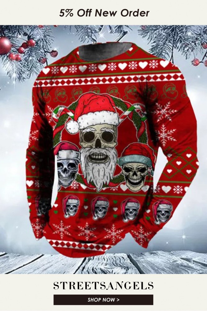 Men's Christmas Skulls Printed Crew Neck Long Sleeve T-Shirt