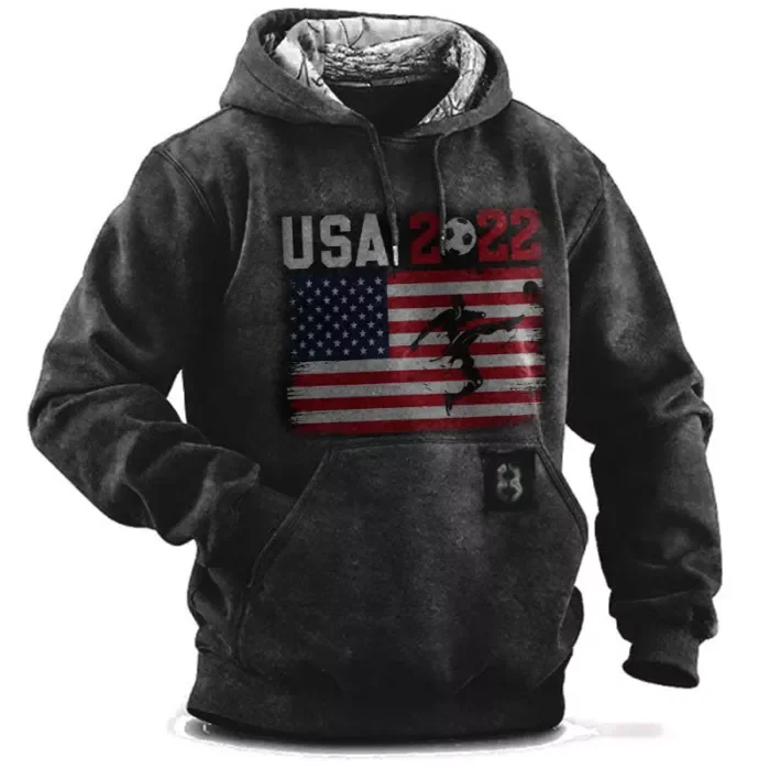 Men's Pullover Hoodie Soccer American Flag Printed Warm Sweatshirt