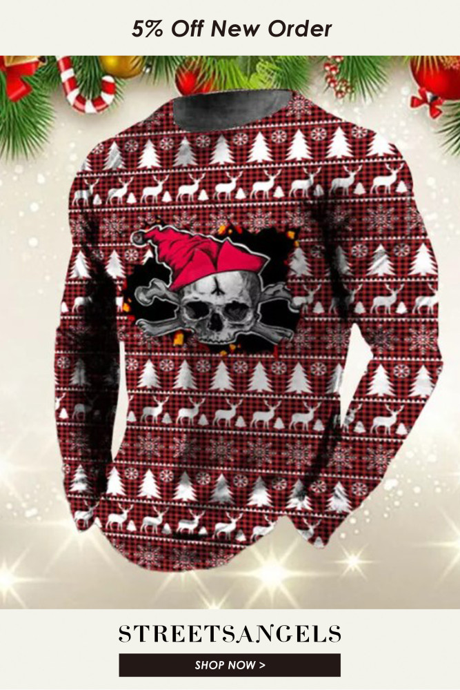 Men's Ugly Christmas Pattern Skull Printed Pullover Knitted Sweatshirts