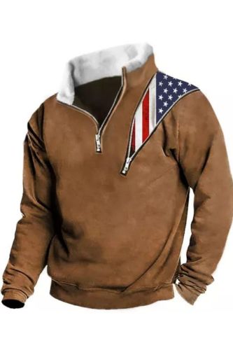 Men's Retro Shirt American Flag Print Colorblock Zipper Plush Turtleneck Tactic Sweatshirt