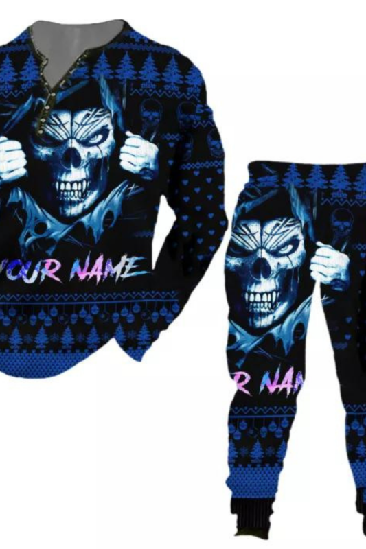 Men's Pullover Top Skull Ethnic Your Name Letter Printed Long Sleeve Round Neck Shirt Pants Matching Set