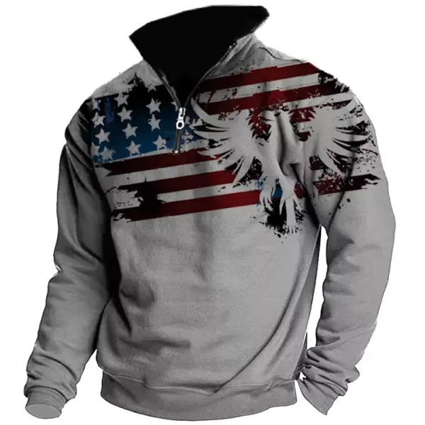 Men's Vintage Shirt American Flag Print Colorblock Half Zipper Plush Turtleneck Sweatshirt