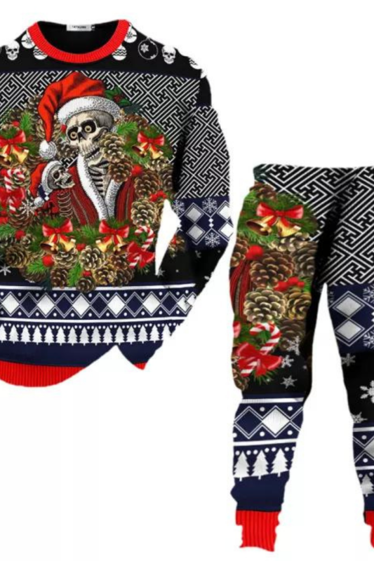 Men's Pullover Top Santa Skull Gift Tribal Pattern Printed Long Sleeve Round Neck Shirt Pants Matching Set