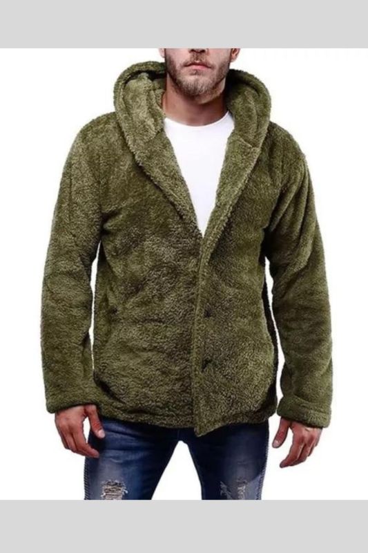 Mens Solid Color Super Soft Fuzzy Sherpa Hooded Jacket