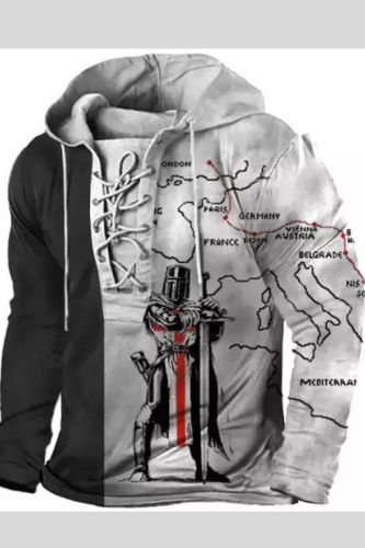 Mens Outdoor Knights Templar Map Lace-Up Hooded T-Shirt