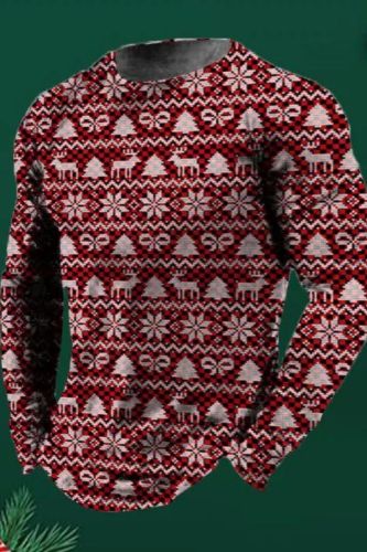 Men's Ugly Christmas Pattern All Over Printed Crew Neck Long Sleeve T-Shirt
