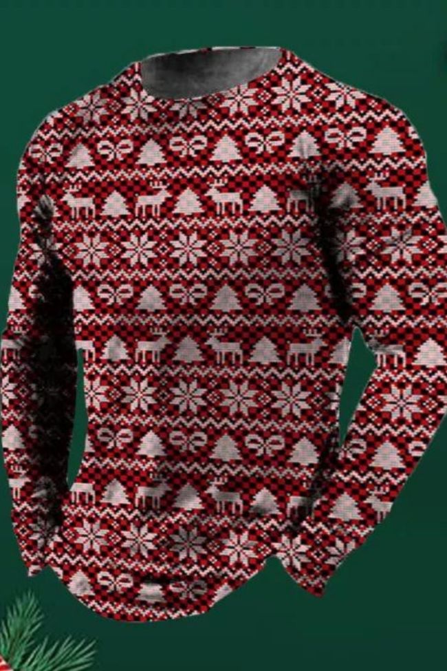 Men's Ugly Christmas Pattern All Over Printed Crew Neck Long Sleeve T-Shirt