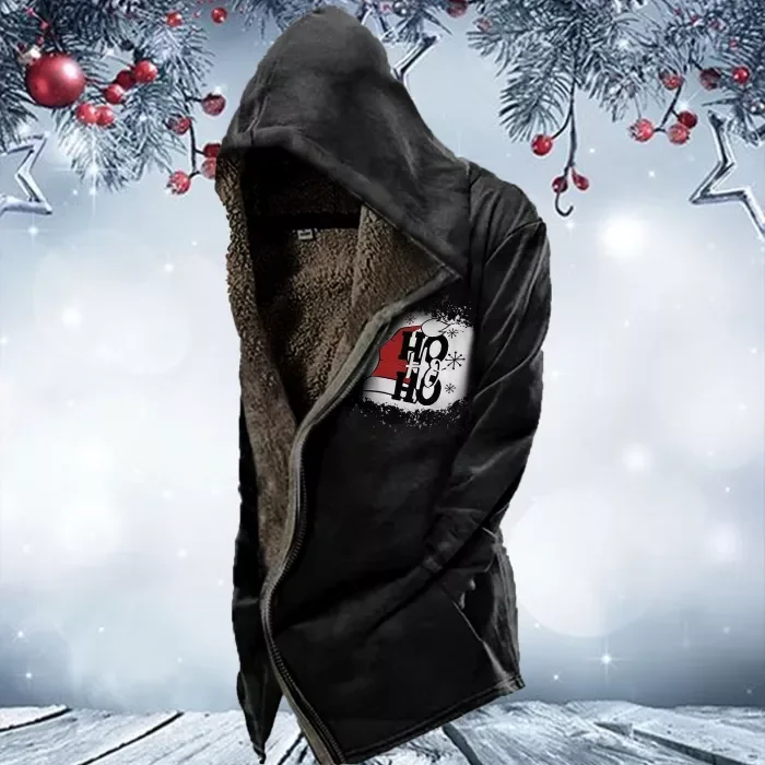 Men Christmas Plush Zipper Closure Snowflake Letter Print Coat