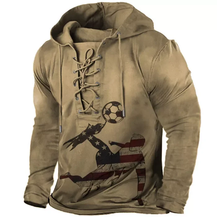 Mens Outdoor American Flag Soccer Print Lace-Up Hoodie