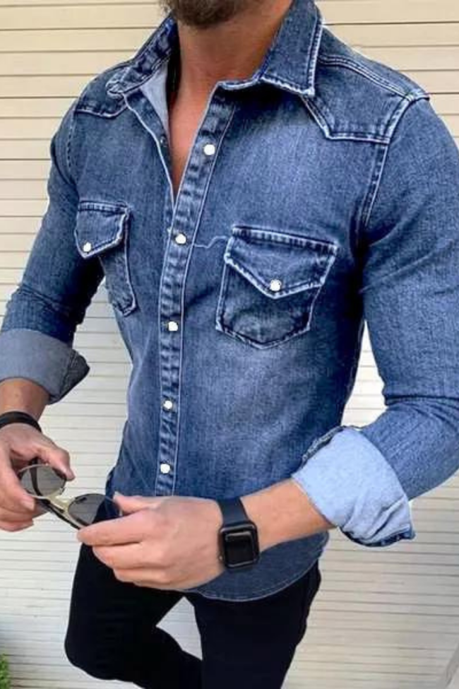 Men's Washed Distressed Long Sleeve Denim Shirt