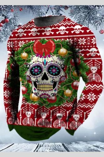 Men's Ugly Christmas Ethnic Skull Jingle Bells Printed Sweatshirts