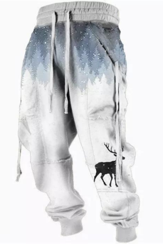 Mens Casual Deer Graphic Print Patchwork Sweatpants