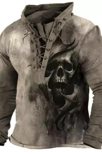 Men's 3D Skull Rock Print Lace Up Henley Collar Shirt