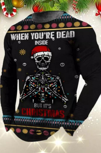 Men's Ugly Christmas Shirt Skull Letter Printed Long Sleeve T-Shirt