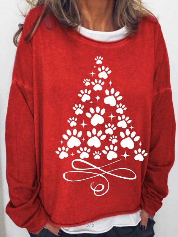 Womens Christmas Tree With Paws Crew Neck Casual Sweatshirts