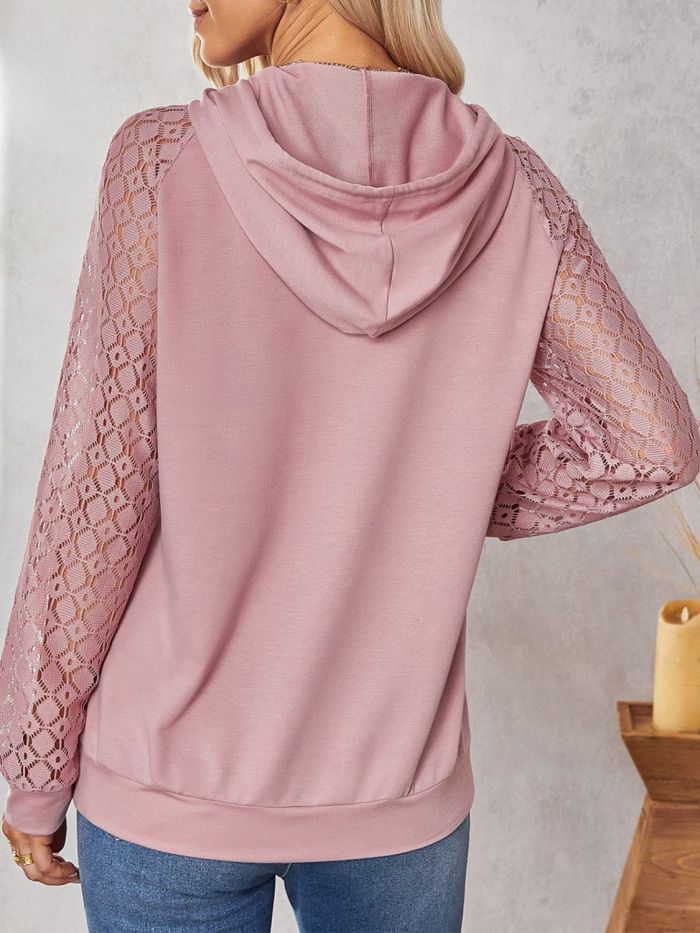 Lace Raglan Sleeve Drawstring Hoodie with Front Pocket