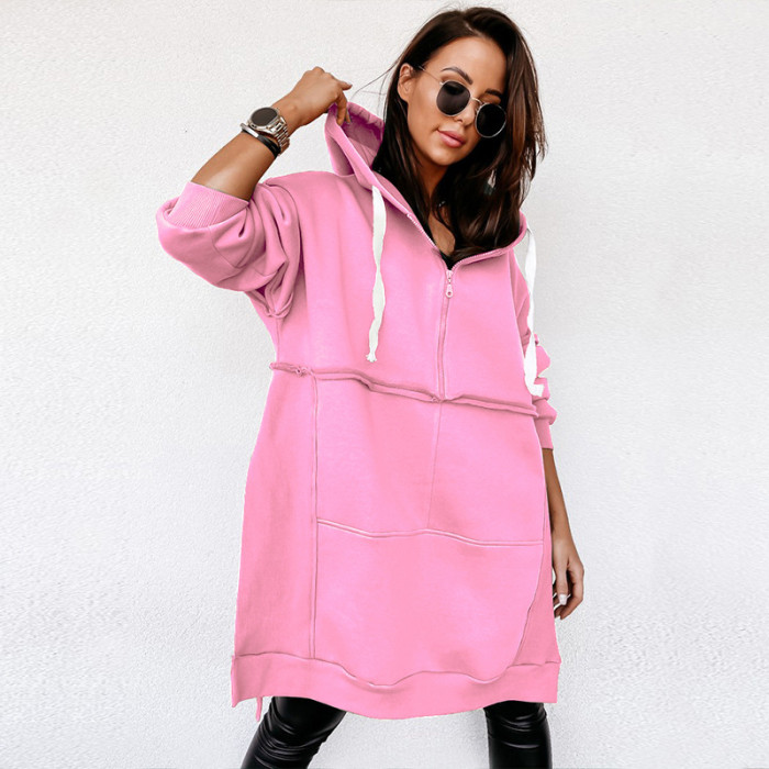 Women's Sweatshirt Hoodie Front Zipper Side Split Oversize Pink Sweatshirt Hoody