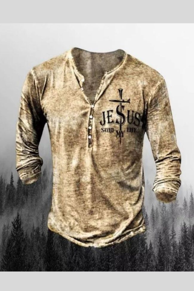 Mens Creative Cross Button Henley Long Sleeve