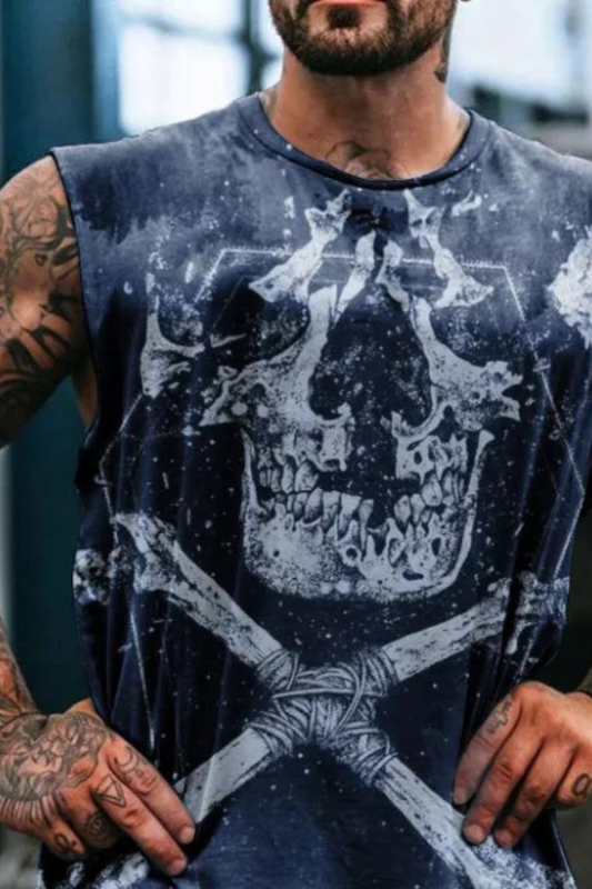 Men's Skull Retro Creative Print Sleeveless Fashion Casual T-Shirt