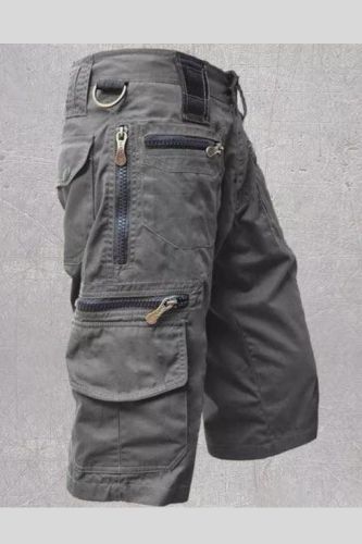 Men's Stylish Cargo Shorts Straight Solid Color Streetwear Multiple Zipper Pockets Hiking Shorts
