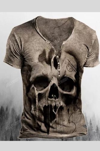 3D Skull Mens Henry-Neck Short Sleeve Pullover  T Shirts