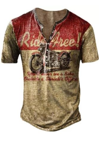 Men's Vintage Motorcycle Short Sleeve Henley Collar T-Shirt